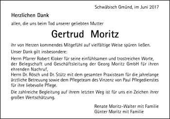 Traueranzeige von Gertrud Moritz von Gmünder Tagespost