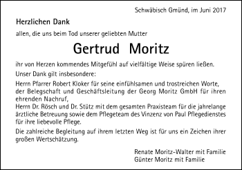 Traueranzeige von Gertrud Moritz