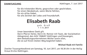 Traueranzeige von Elisabeth Raab von Schwäbische Post