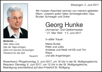 Traueranzeige von Georg Hunke von Schwäbische Post