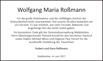 Traueranzeige von Wolfgang Maria Roßmann von Gmünder Tagespost