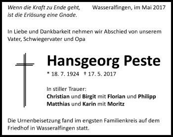 Traueranzeige von Hansgeorg Peste von Schwäbische Post