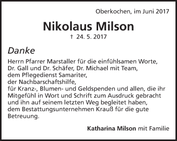 Traueranzeige von Nikolaus Milson von Schwäbische Post