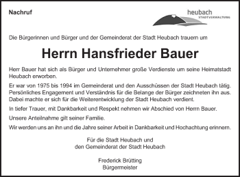 Traueranzeige von Hansfrieder Bauer von Gmünder Tagespost