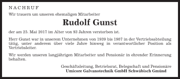 Traueranzeige von Rudolf Gunst von Gmünder Tagespost