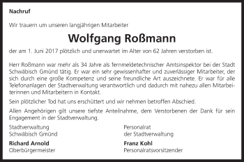 Traueranzeige von Wolfgang Roßmann von Gmünder Tagespost