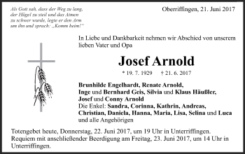 Traueranzeige von Josef Arnold von Schwäbische Post