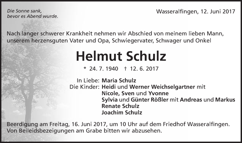  Traueranzeige für Helmut Schulz vom 14.06.2017 aus Schwäbische Post