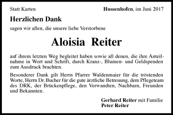 Traueranzeige von Aloisia Reiter von Gmünder Tagespost