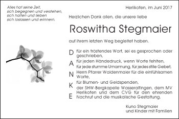 Traueranzeige von Roswitha Stegmaier