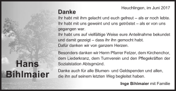 Traueranzeige von Hans Bihlmaier von Gmünder Tagespost