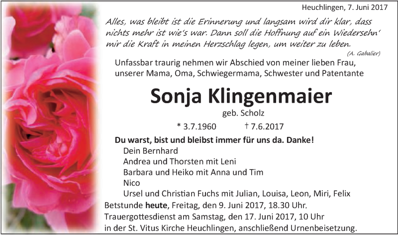  Traueranzeige für Sonja Klingenmaier vom 09.06.2017 aus Schwäbische Post