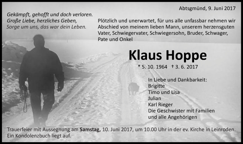 Traueranzeige für Klaus Hoppe vom 09.06.2017 aus Schwäbische Post