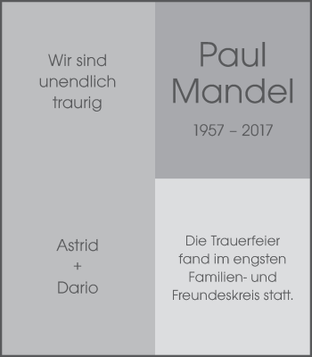 Traueranzeige von Paul Mandel von Schwäbische Post