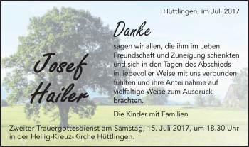 Traueranzeige von Josef Hailer von Schwäbische Post