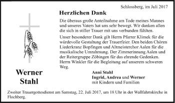 Traueranzeige von Werner Stahl von Bopfinger Stadtanzeiger