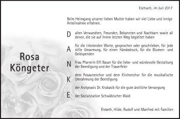 Traueranzeige von Rosa Köngeter von Gmünder Tagespost