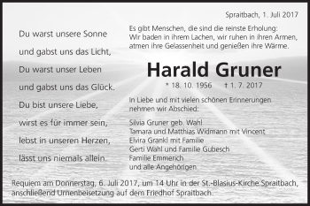 Traueranzeige von Harald Gruner von Gmünder Tagespost