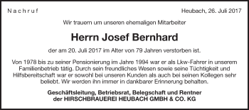Traueranzeige von Josef Bernhard von Gmünder Tagespost