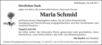 Traueranzeige von Maria Schmid von Schwäbische Post