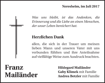 Traueranzeige von Franz Mailänder von Schwäbische Post