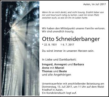 Traueranzeige von Otto Schneiderbanger von Schwäbische Post