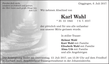 Traueranzeige von Karl Wahl von Gmünder Tagespost