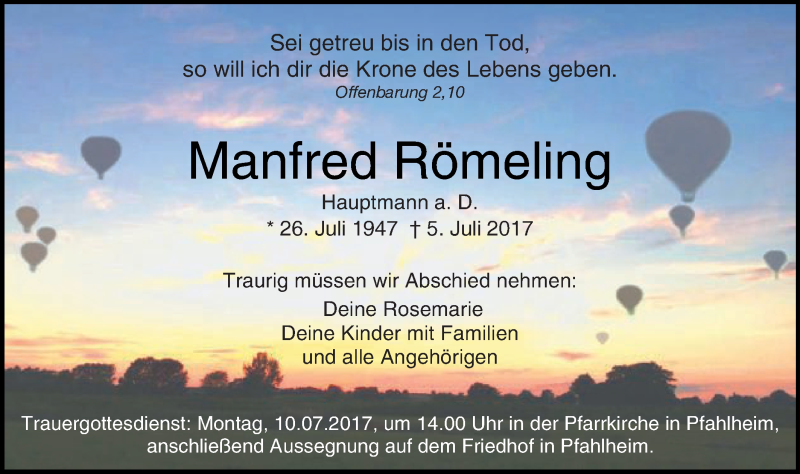  Traueranzeige für Manfred Römeling vom 07.07.2017 aus Schwäbische Post