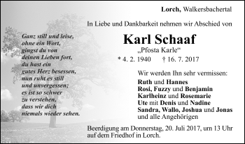 Traueranzeige von Karl Schaaf von Gmünder Tagespost