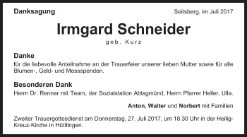 Traueranzeige von Irmgard Schneider von Schwäbische Post
