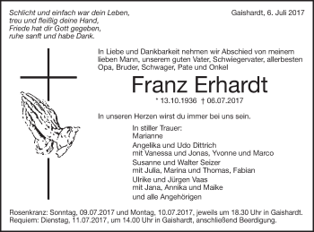 Traueranzeige von Franz Erhardt von Schwäbische Post