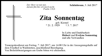 Traueranzeige von Zita Sonnentag von Gmünder Tagespost