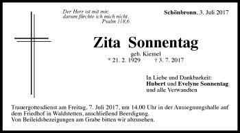 Traueranzeige von Zita Sonnentag