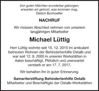 Traueranzeige von Michael Lüttig von Schwäbische Post