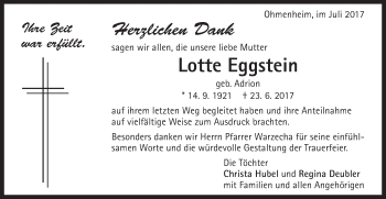 Traueranzeige von Lotte Eggstein von Schwäbische Post