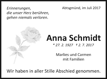 Traueranzeige von Anna Schmidt von Schwäbische Post