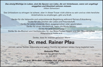 Traueranzeige von Rainer Pfau von Schwäbische Post