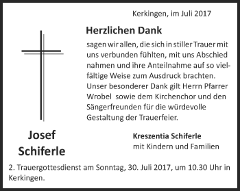 Traueranzeige von Josef Schiferle von Schwäbische Post