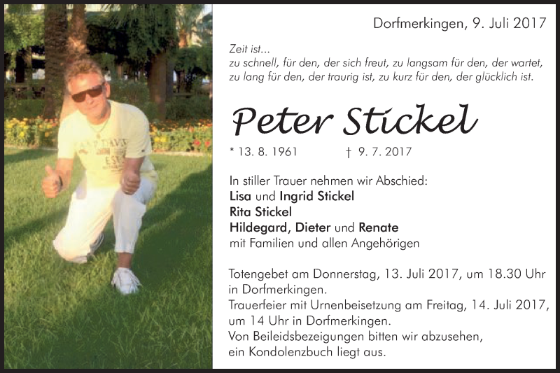  Traueranzeige für Peter Stickel vom 13.07.2017 aus Schwäbische Post