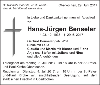 Traueranzeige von Hans-Jürgen Benseler von Schwäbische Post