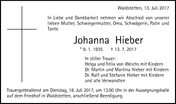 Traueranzeige von Johanna Hieber von Gmünder Tagespost