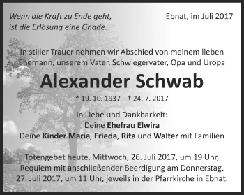 Traueranzeige von Alexander Schwab von Schwäbische Post