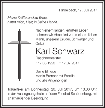 Traueranzeige von Karl Schwarz von Schwäbische Post