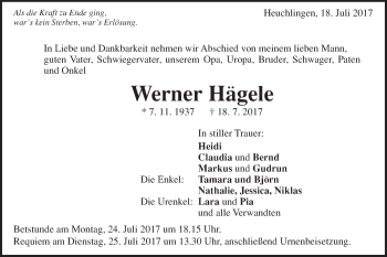 Traueranzeige von Werner Hägele von Gmünder Tagespost