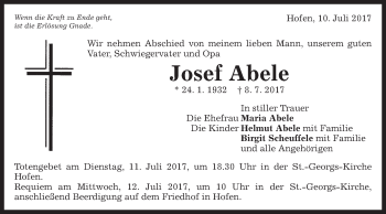 Traueranzeige von Josef Abele von Schwäbische Post