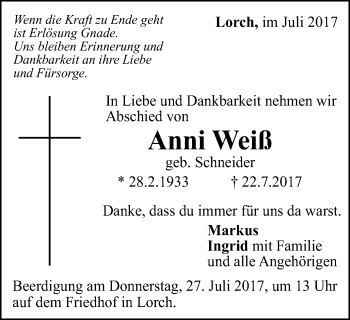 Traueranzeige von Anni Weiß von Gmünder Tagespost