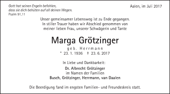 Traueranzeige von Marga Grötzinger von Schwäbische Post