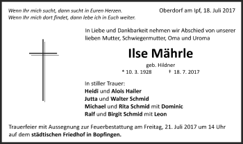 Traueranzeige von Ilse Mährle von Schwäbische Post