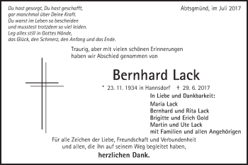 Traueranzeige von Bernhard Lack von Schwäbische Post