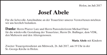 Traueranzeige von Josef Abele von Schwäbische Post